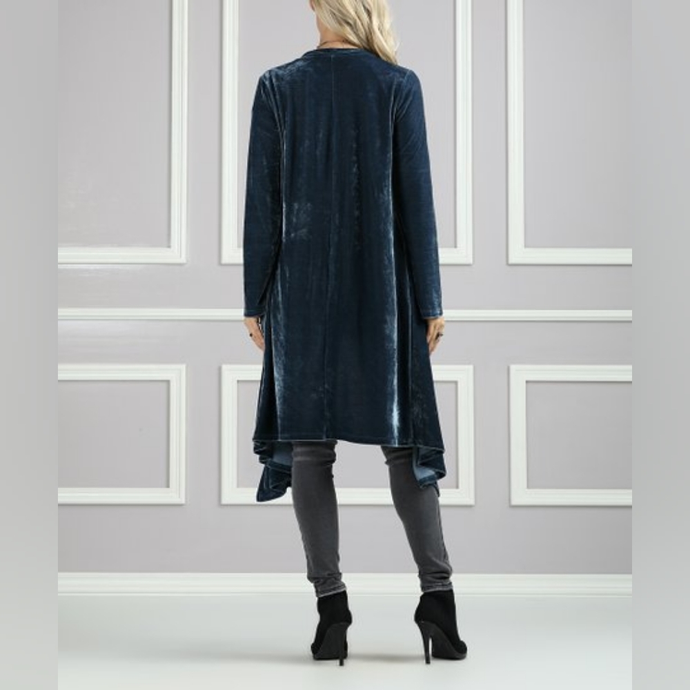 Suzanne Betro Blue Velvet Draped Duater Cardigan Long Boho Bohemian Formal - Picture 2 of 10